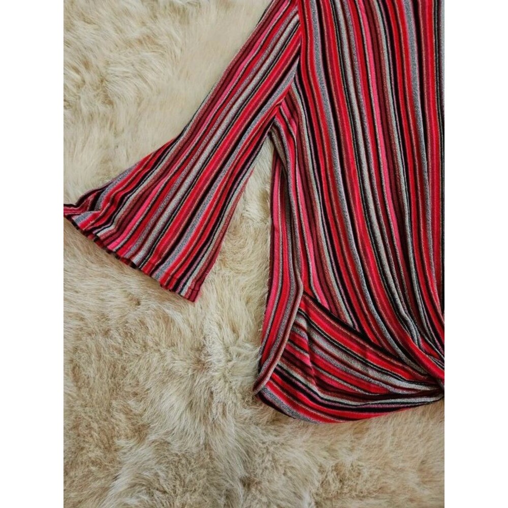 Ruby Rd. Striped Metallic Twist Front Top L | Retro Shimmer Bell Sleeve Blouse - Picture 3 of 6
